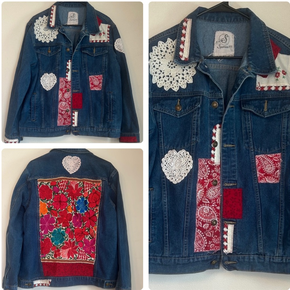 Upcycled floral embroidery vintage doily patched boho jean jacket